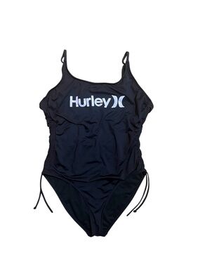 Hurley Black Scoop-Neck Cinch Side One-Piece Swimsuit with Logo